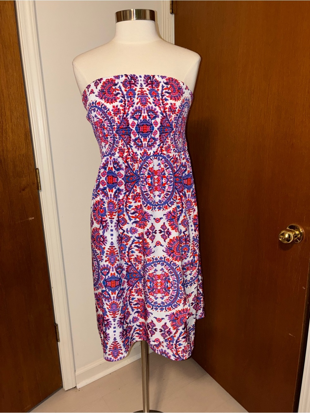 Lane Bryant Strapless Dress in Purple and Pink Medallion Print